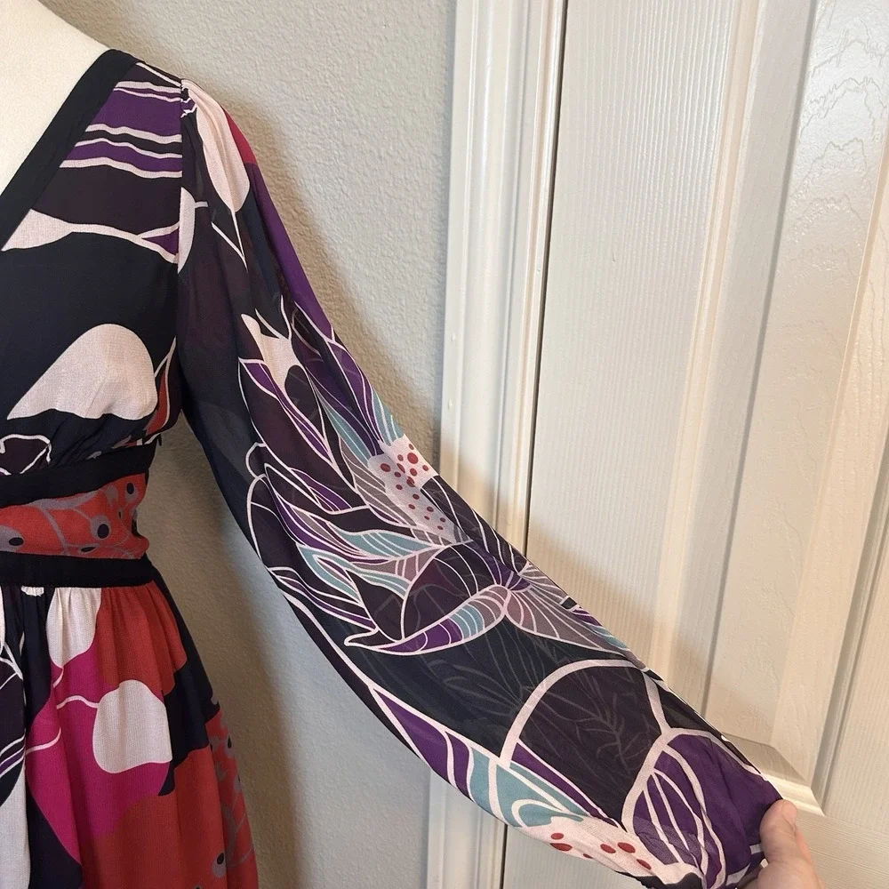 Anthropologie LET ME BE Floral Midi‎ Dress M Flowy Black Purple Party Wedding - Picture 3 of 15